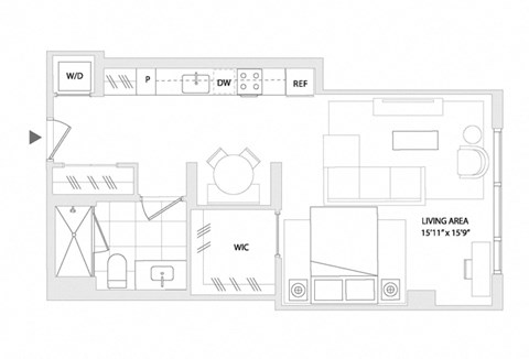 Floor plan for studio, 1 bath, 557 sqft